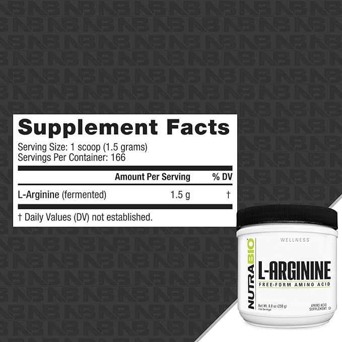 NutraBio L-Arginine Supplement 750mg – Nitric Oxide Precursor Supports Blood Flow Vascular Health and Muscle Growth 250g