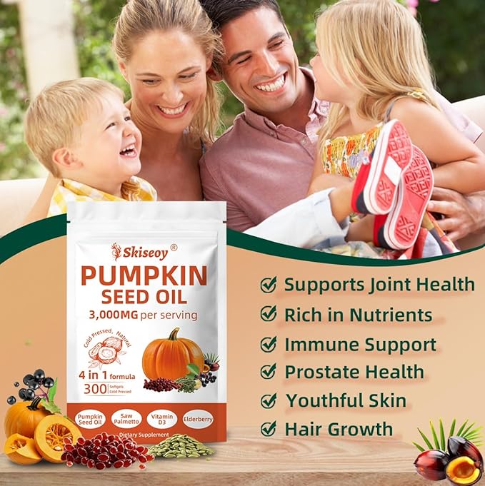 Pumpkin Seed Oil with Saw Palmetto 300 Softgels | 4 in 1 Vitamin D3 &amp Elderberry 3000mg Cold Pressed &amp Pure Virgin Oil | Supports Hair Urinary Bladder &amp Prostate Health Immune | Vegan