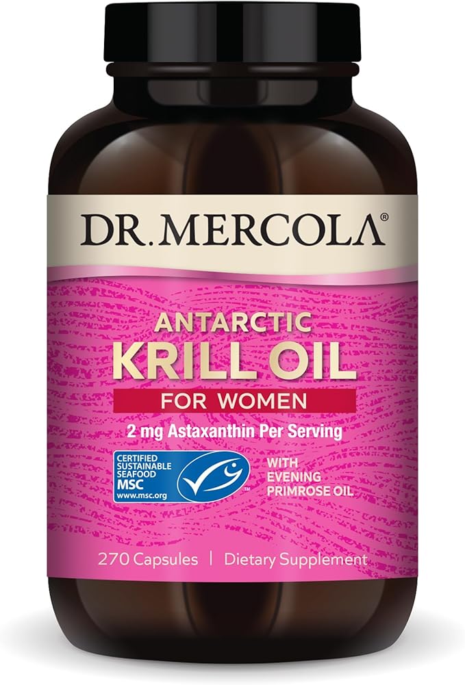 Dr. Mercola Krill Oil for Women - 2 mg Astaxanthin - MSC Certified Sustainable - Supports Brain Skin &amp Immune Systems - with Omega-3s - Non-GMO Gluten-Free &amp Soy-Free - 270 Capsules (30 Serv