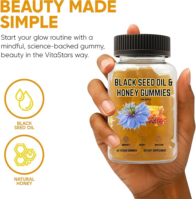 Black Seed Oil &amp Honey Gummies - with Black Cumin Seed Oil Vitamin C Turmeric &amp Biotin - Immune Support Supplement for Joint Gut &amp Skin Health 60 Gummies