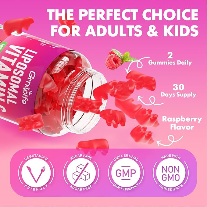 2 Pack Liposomal Vitamin C 1000mg Gummies for Adults Kids 1500mg Chewable Vitamin C w/Iron Zinc &amp Elderberry - Immune Support &amp Energy Collagen Booster Raspberry 120 Count