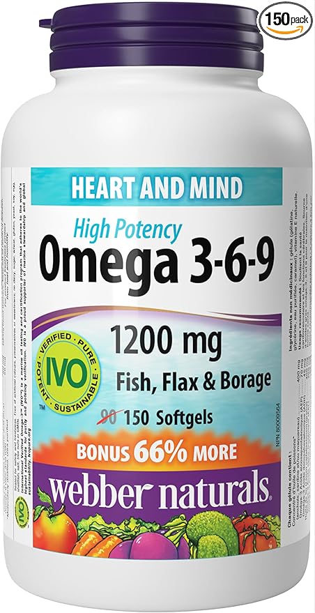 Webber Naturals Omega 3-6-9 Flaxseed Fish &amp Borage Oils 1200 mg 150 softgels