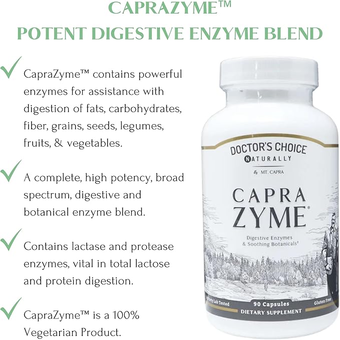 CapraZyme by Mt. Capra | Vegetarian Digestive Enzyme Supplement for Men and Women Amylase Lipase Bromelain Protease with Botanical Blend Grapefruit Ginger and Turmeric | 90 Capsules