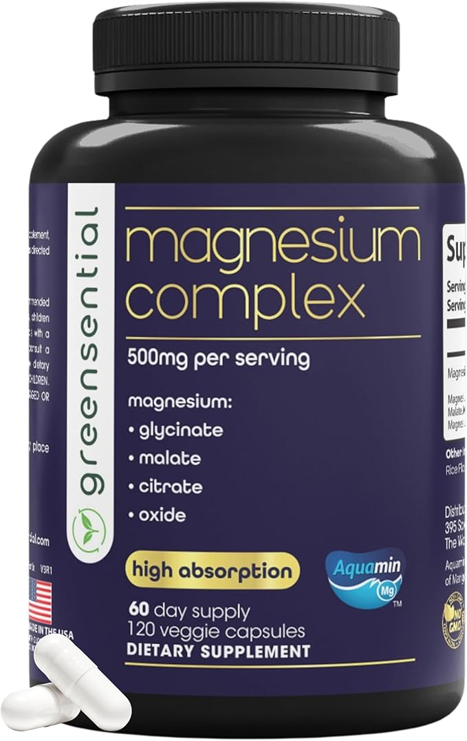 5-in-1 Magnesium Complex 500mg | 120 Capsules | Glycinate Malate Citrate Oxide &amp Aquamin® | Sleep Muscle &amp Heart Support | Made in USA 2X 3rd-Party Tested Vegan