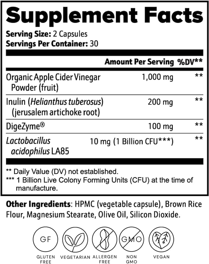 Digestive Enzyme Complex with Lactobacillus Acidophilus LA85 - Jerusalem Artichoke &amp Inulin for Gut Health - Beneficial Bacteria Probiotics - Apple Cider Vinegar Formula