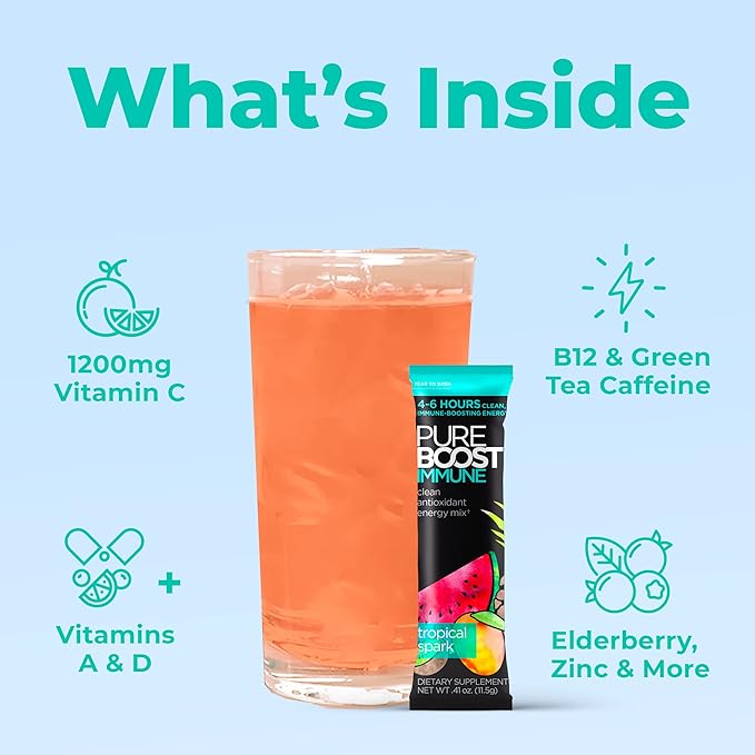 Pureboost Immune Clean Energy Booster Refreshing Energy Drink Mix and Immunity Supplement with Elderberry 1200 mg Vitamin C Vitamins A + D and Zinc. (Tropical Spark 30 Count)