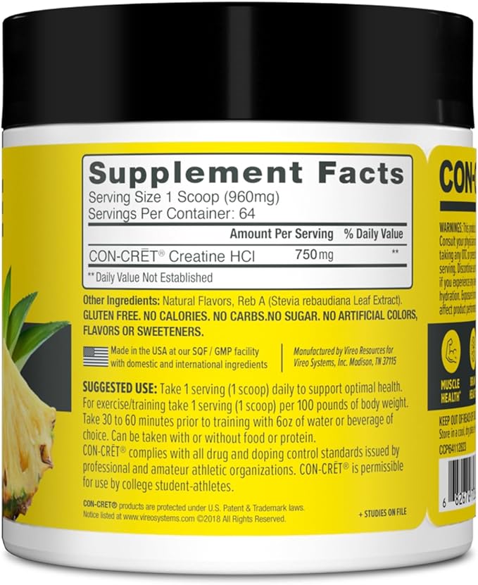 CON-CRET Creatine HCl Powder | Muscle Cognitive Cellular Energy Support | No Bloating or Cramps | USA Made &amp NSF Certified | Pineapple (64 Serving)