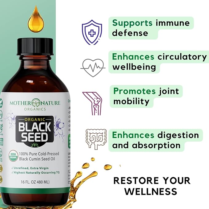 Mother Nature USDA Organic Black Seed Oil – Cold Pressed Unrefined &amp Vegan Nigella Sativa High Thymoquinone (2%+) Omega 3 6 9 for Immune Joint &amp Heart Support Hair &amp Skin Non-GMO 16