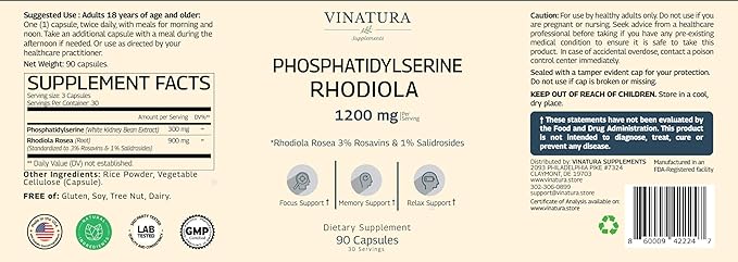 VINATURA PhosphatidylSerine 1200mg - with Rhodiola Rosea 90 Capsules 30 Servings