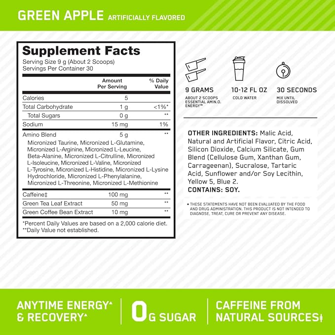 Optimum Nutrition Amino Energy - Pre Workout with Green Tea BCAA Amino Acids Keto Friendly Green Coffee Extract Energy Powder - Green Apple 30 Servings (Packaging May Vary)
