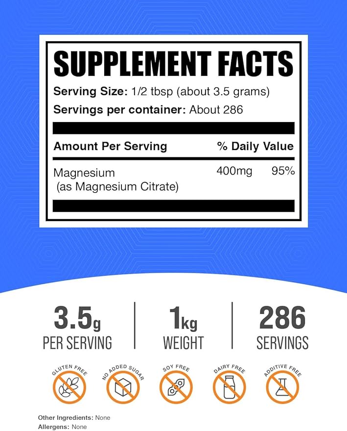 BulkSupplements.com Magnesium Citrate Powder - Magnesium 400mg Supplement Easily Absorbable - Pure &amp Gluten Free 3.5g per Serving 1kg (2.2 lbs) (Pack of 1)