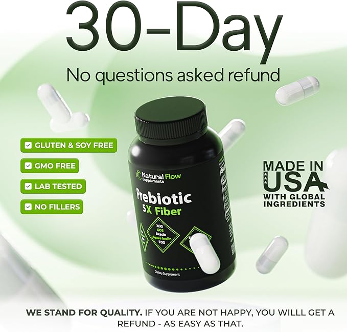 Prebiotic Fiber Supplement 5-in-1 Capsules - Natural Flow 5X Fiber XOS GOS FOS Acacia and Agave Inulin Daily Soluble Fiber Formula for Gut Support and Boost Good Bacteria Diversity 120 Caps