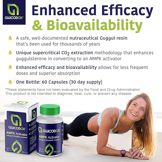 GlucodOX AMPK Activator Supplement – AMPK Enzyme Metabolism Booster Guggul Supplement for Body Management &amp Longevity – Vegan Metabolic Support - 30 Day Supply (60 Capsules)