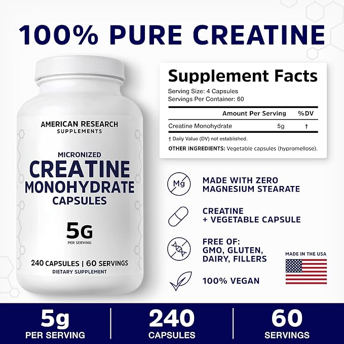 Creatine Monohydrate Capsules 5G | 60 Servings | Vegan | 4 Caps per Serving | Micronized Creatine Pills 5000mg | 240 Capsules | Creatine Pills For Men &amp Women | 2 Months Supply | Made Without Fill