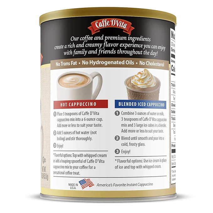 Caffe D'Vita Amaretto Cappuccino Mix - Amaretto Cappuccino Instant Mix Gluten Free No Cholesterol Hydrogenated Oils or Trans Fat 99% Caffeine Free - 16 Oz Can 6-Pack