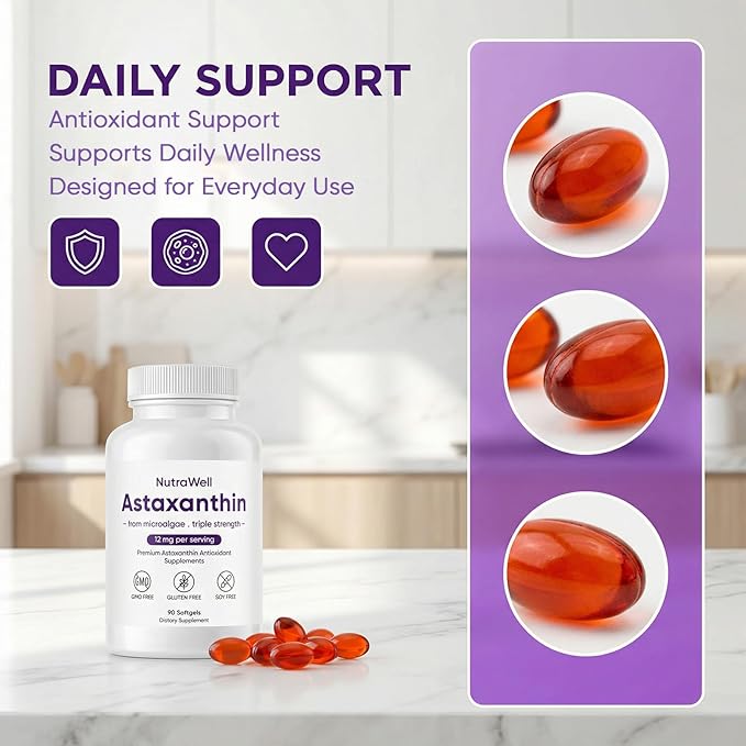 Nutrawell Astaxanthin - Daily Antioxidant Wellness Supplement with Naturally Sourced Astaxanthin Clean Formula for Active Adult Lifestyle Easy to Take Capsules - 90 Softgels (1)