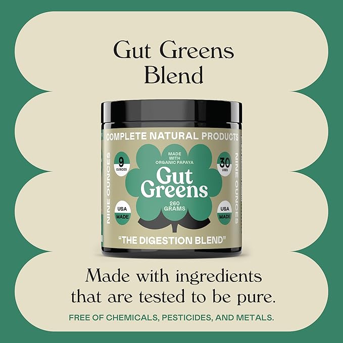 Gut Greens Superfood Powder Formula Supplement - Amazing Raw Digestive Enzyme Supplements Grass Mix 9oz 30 Servings