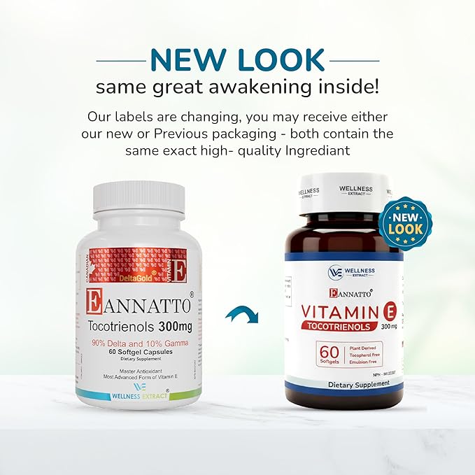 Wellness Extract Eannatto Tocotrienols Vitamin E Supplements Tocopherol Free Supports Immune Health Non-GMO Gluten Free &amp Antioxidant (300MG 60 Softgels)