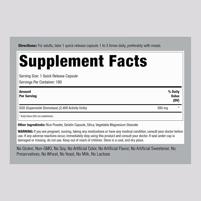 Piping Rock Superoxide Dismutase Supplement | 300 mg | 180 Capsules | SOD for Women and Men | Non-GMO Gluten Free