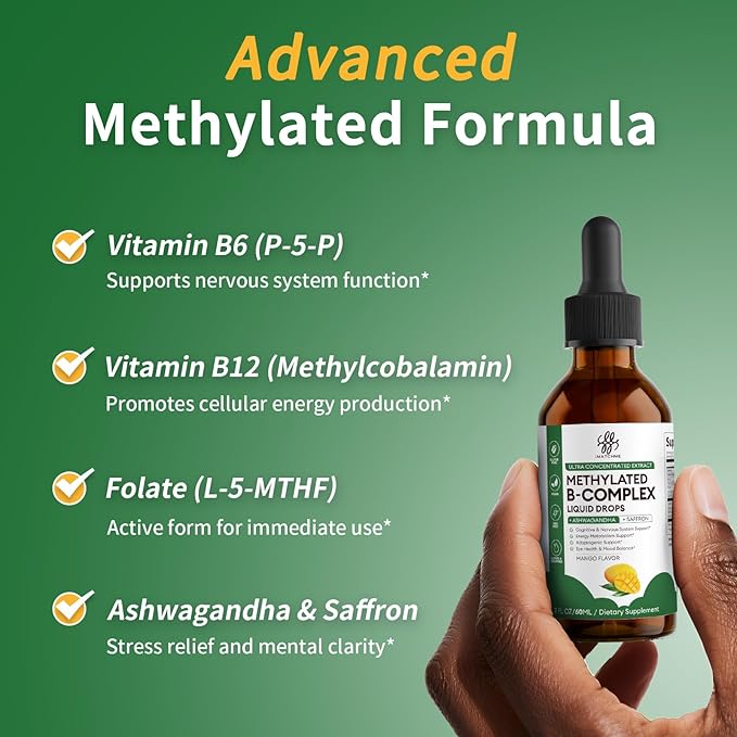 iMATCHME Methylated B Complex Liquid Drops - Max Absorption L-Methylfolate (L-5-MTHF) Vitamin B12 Methylcobalamin B6 - with Ashwagandha &amp Saffron for Energy Focus &amp Brain Health - Vegan 2