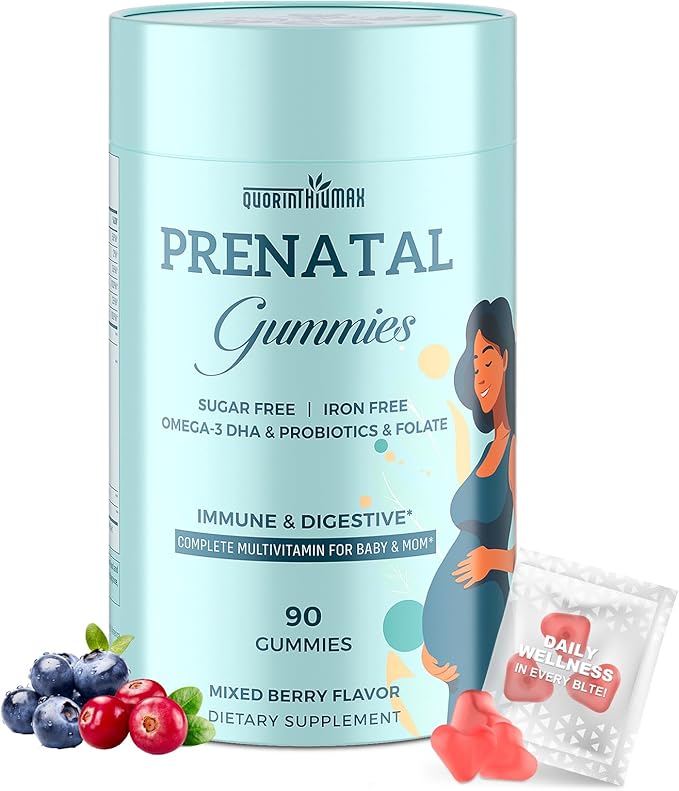 Prenatal Gummies Sugar Free 90 Count - Organics Prenatal Vitamins for Women with Folate DHA &amp Probiotics - Iron Free Prenatal Vitamin Gummies for Immune &amp Digestive - 1 Bottle