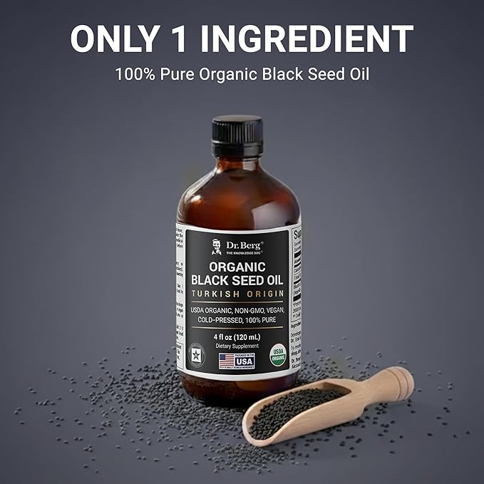 Dr. Berg Black Seed Oil Organic Cold Pressed – Pure Nigella Sativa Black Cumin Oil – USDA Organic Halal Vegan – for Hair Skin Immune Support – Unrefined Liquid – 4 oz Glass Bottle