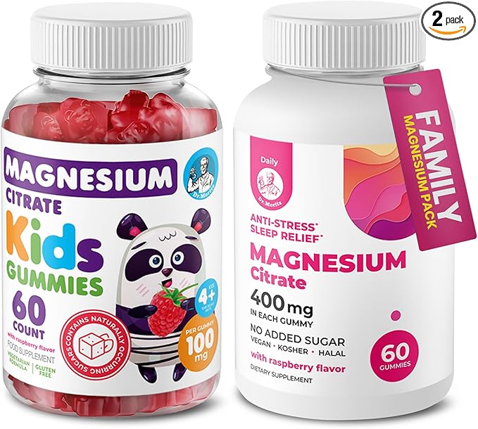 DR. MORITZ Calm Magnesium Gummies for Adults (400mg 60 Count) and Kids Magnesium Gummies (60 Count) - for Relaxation Support - Sugar-Free &amp Non-GMO - Raspberry Flavor