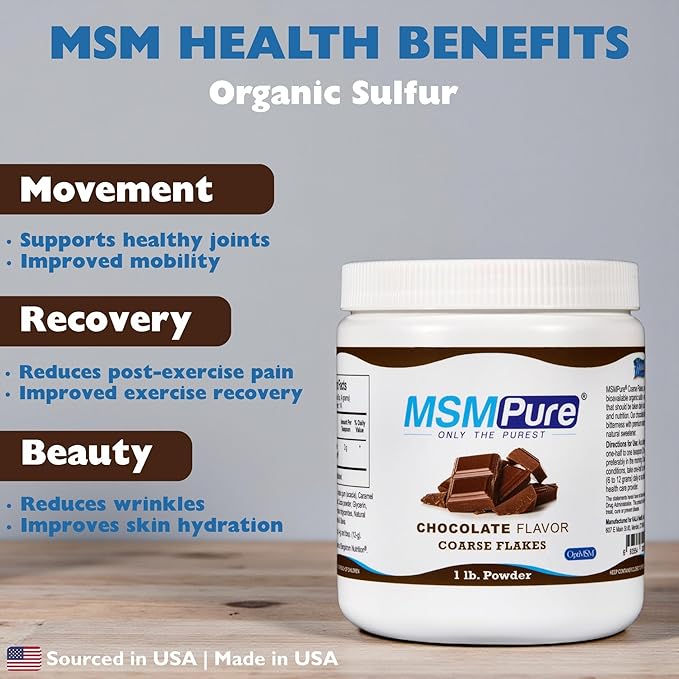 KALA HEALTH MSMPure Chocolate Flavored Coarse MSM Powder Flakes – US-Made MSM for Joint Health Skin Appearance and Hair &amp Nail Support – 1 lb Organic Sulfur