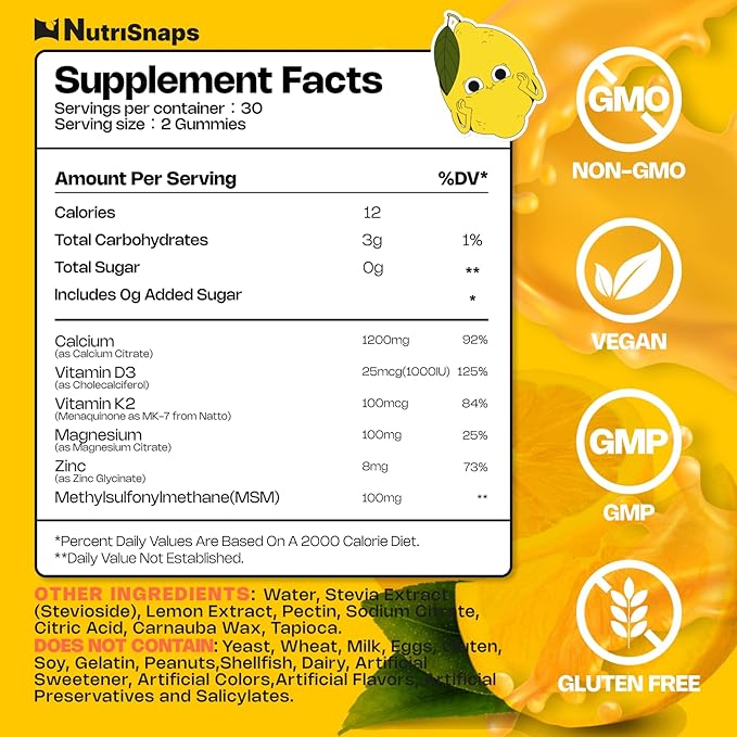 Sugar Free Calcium Citrate Gummies 1200mg with Vitamin D3 K2 Magnesium Zinc MSM for Men &amp Women Bone Muscle Immune Support Ultimate Absorption Calcium Supplement Vegan 60 Count
