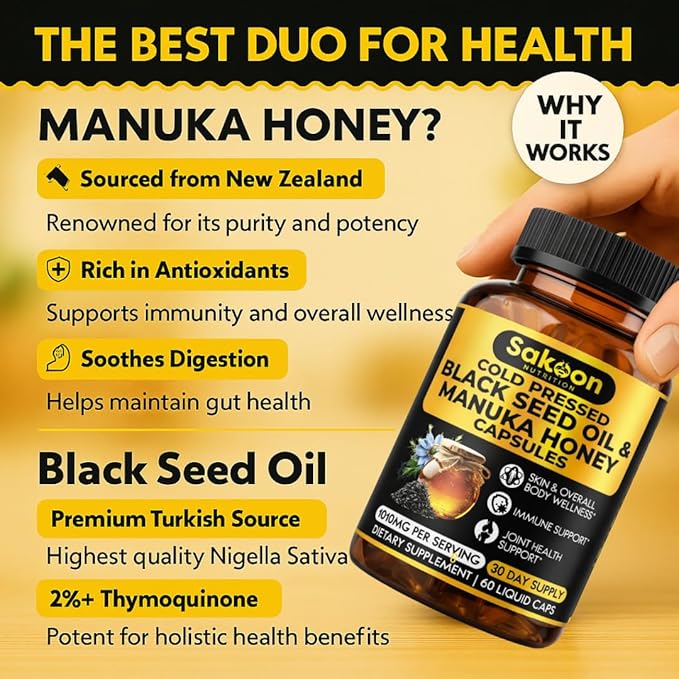 Black Seed Oil Capsules - With New Zealand Manuka Honey Cold Pressed Turkish Nigella Sativa Oil 2% Thymoquinone Immune &amp Digestive Support Made in USA 60 Count 1010mg per serving