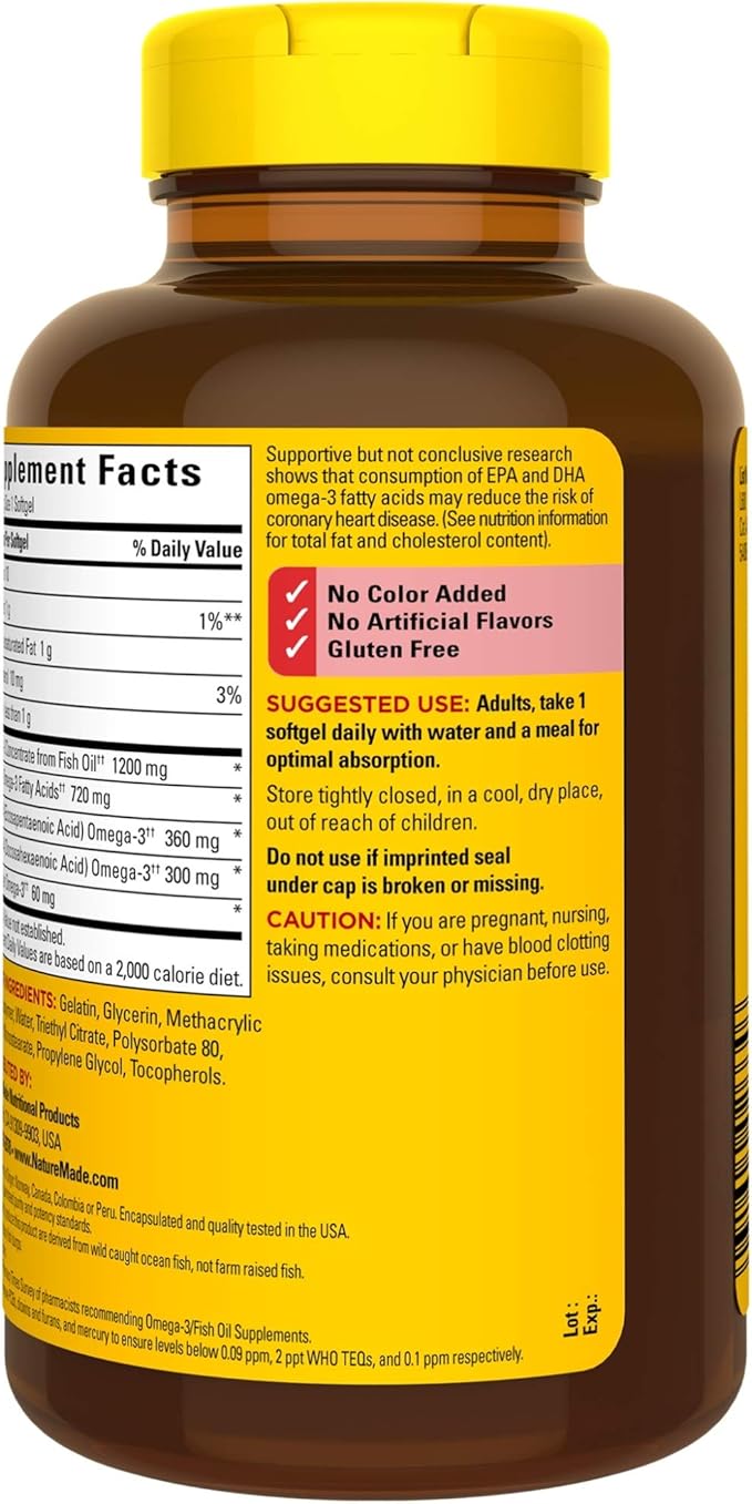 Nature Made Burp-Less Fish Oil 1200 mg One Per Day 120 Softgels Fish Oil Omega 3 Supplement For Heart Health