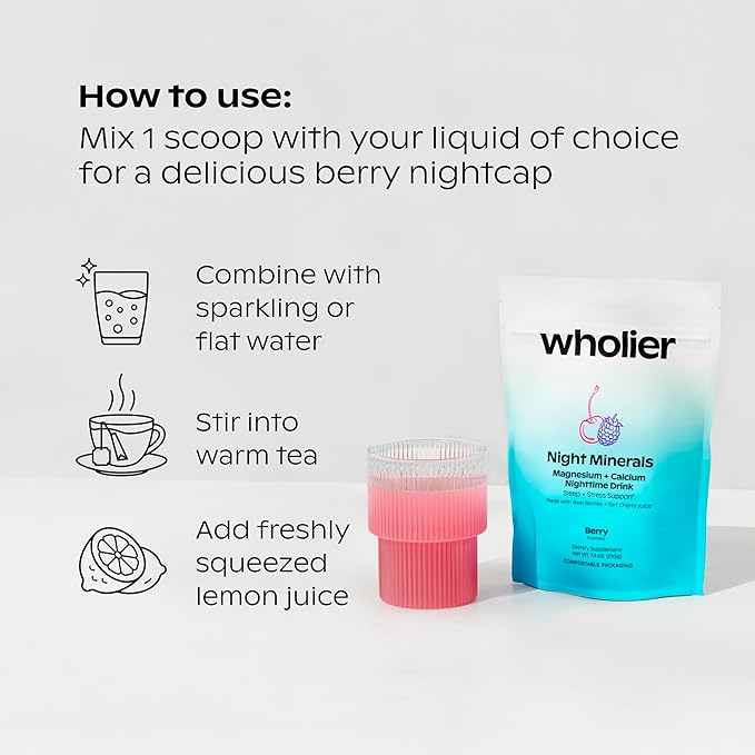 wholier Magnesium Glycinate Tart Cherry Juice Chelated Calcium. Calming Nighttime Drink. Natural Support for Sleep Stress + Relaxation. Night Minerals. (About 25 Servings)
