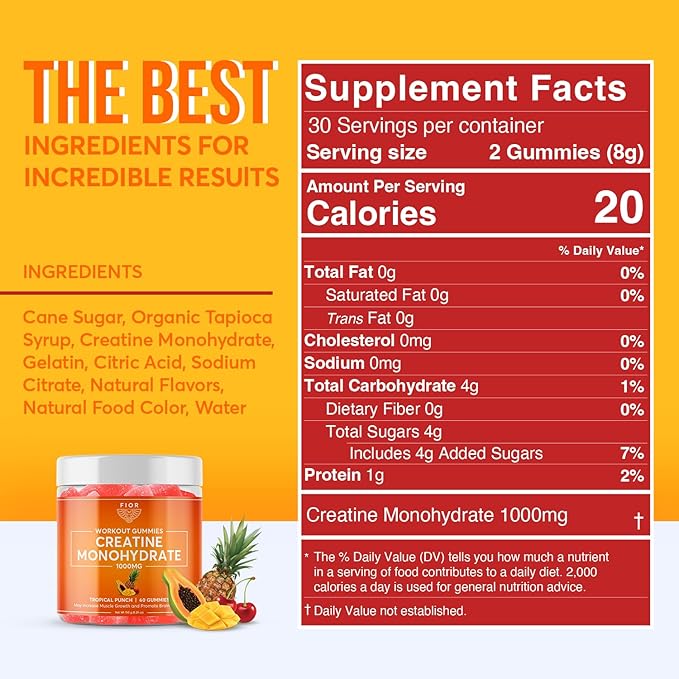 FIOR Creatine Gummy - Best Creatine Monohydrate Chewable 60 Count Workout &amp Protein Supplement Cognitive Enhancement Tropical Punch Flavor 30 Servings