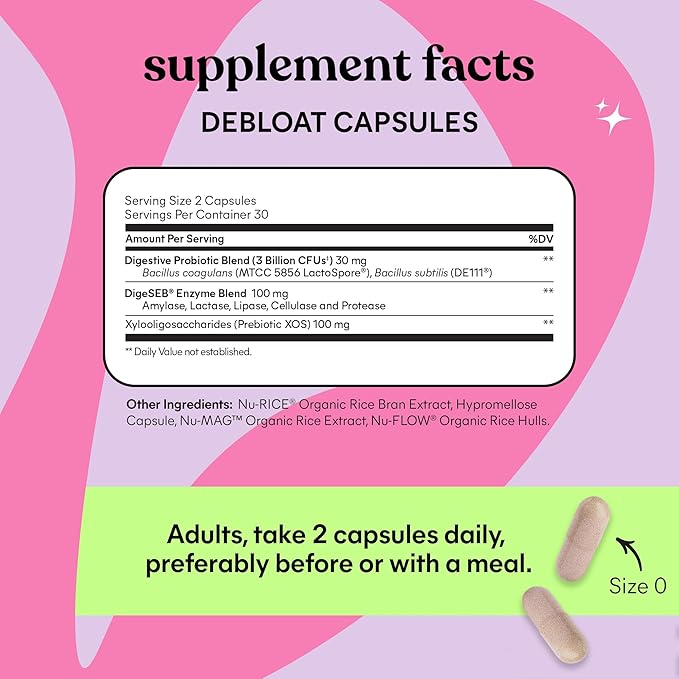 Lemme Debloat 3-in-1 Prebiotic Probiotic &amp Digestive Enzyme Capsules for Bloating &amp Gas Relief - 2 Clinically Studied Probiotics w/5 Digestive Enzymes to Improve Digestion Women &amp Men (