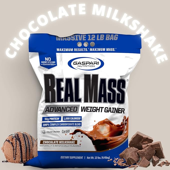 Gaspari Nutrition Real Mass: Advanced Weight Gainer Protein and Complex Carb Blend 50g Protein 16g EAAs Gluten-Free 12 lbs (Chocolate Ice Cream)