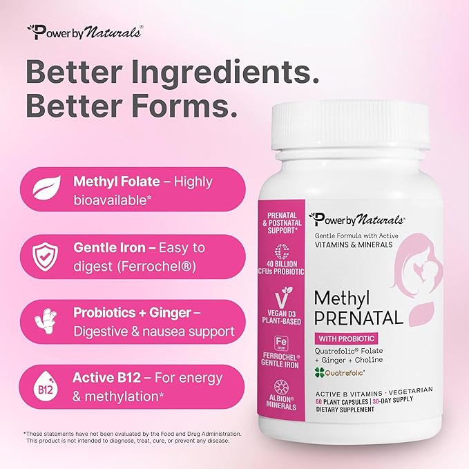 Power By Naturals Methyl Prenatal with Probiotics – Prenatal Vitamins for Women with Iron Methyl Folate B12 &amp 28 Nutrients &amp Botanicals – Vegan Non-GMO Gluten-Free – 60 Capsules (1-Month S