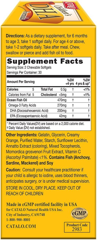 CATALO Children’s DHA Formula – Chewable Softgels with Fish Oil for Kids 200mg DHA per Serving Orange Flavor Easy to Swallow or Mix with Food 30 Softgels
