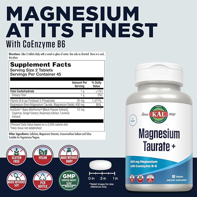 KAL Magnesium Taurate 400mg Plus CoEnzyme Vitamin B6 Chelated Magnesium Supplement Healthy Muscle Function Nerve and Heart Health Support Gluten Free Vegan 60-Day Guarantee 45 Serv 90 Tablets