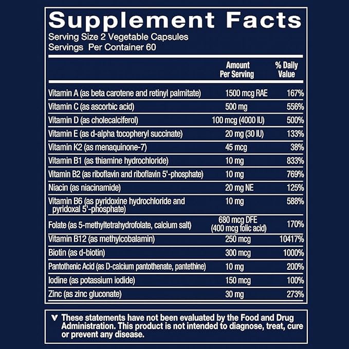 Vthrive Bioactive Immune Multivitamin with Elderberry NAC (120 Vegetable Capsules)