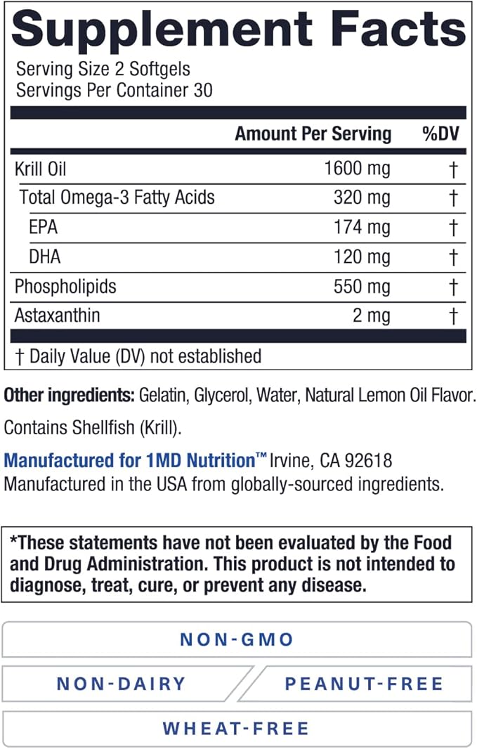 1MD Nutrition KrillMD - Antarctic Krill Oil Omega 3 Supplement with Astaxanthin EPA DHA | 2X More Effective Than Fish Oil | 60 Softgels (2-Pack)