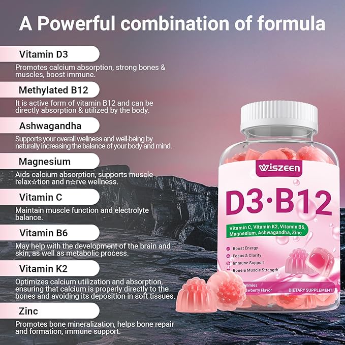 Vitamin D3 B12 Gummies Vitamin D3 10000 IU &amp Methylated B12 500mcg for Adults D3 B12 Vitamin Supplement with Ashwagandha Magnesium Vitamin K2 for Immune &amp Energy Support