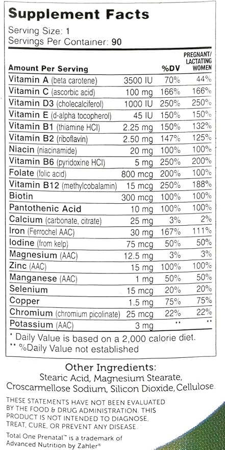 Zahler - Total One Prenatal Vitamins for Women (90 Count) Daily Multi Vitamin Prenatals with Folic Acid Iron Zinc &amp 19 Other Essential Vitamins &amp Minerals - Kosher Pre Natal Multivitamin Cap