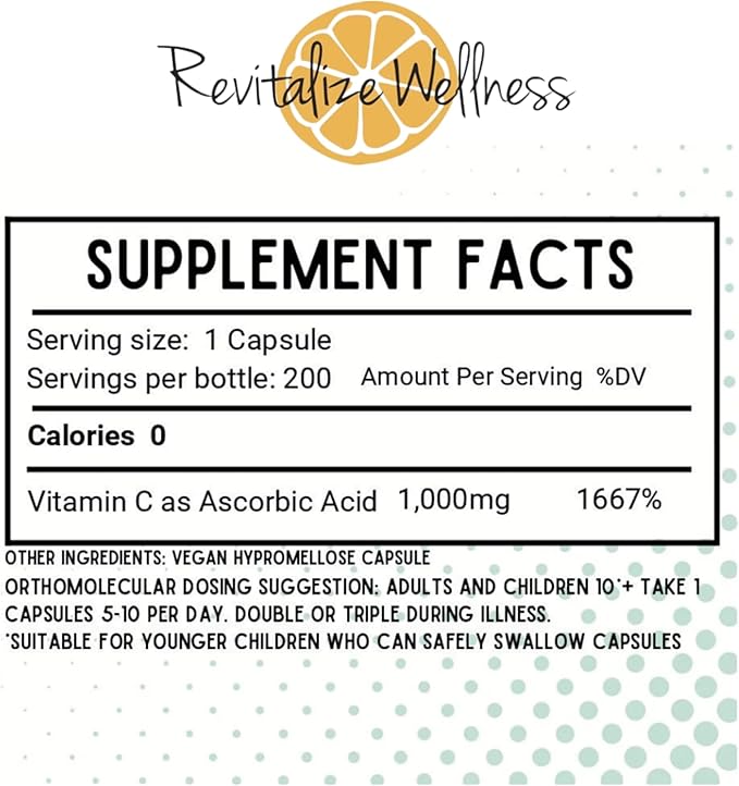 Vitamin C Capsules | Pure Corn &amp GMO-Free | 1000 mg Vitamin C Per Capsule | 200 Capsules