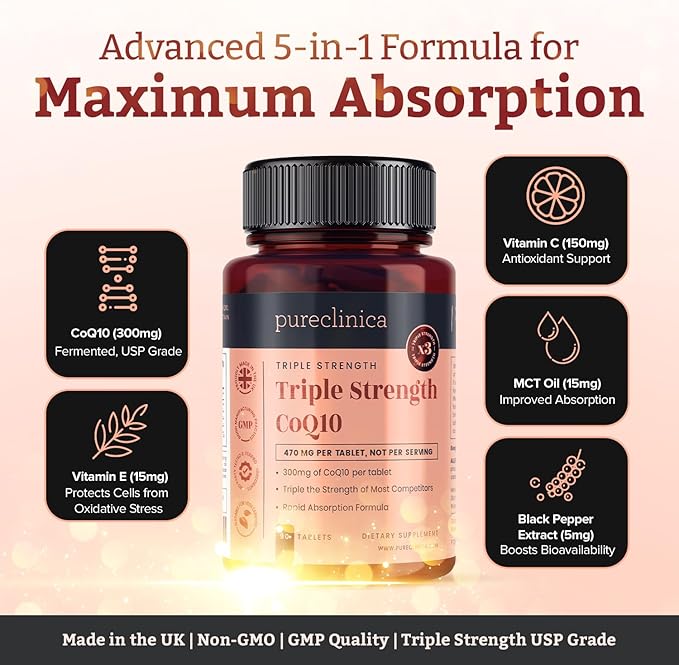 pureclinica Fermented CoQ10 300mg x 90 Tablets. Non GMO USP Grade. with Added Vitamin C and Black Pepper Extract for Absorption.