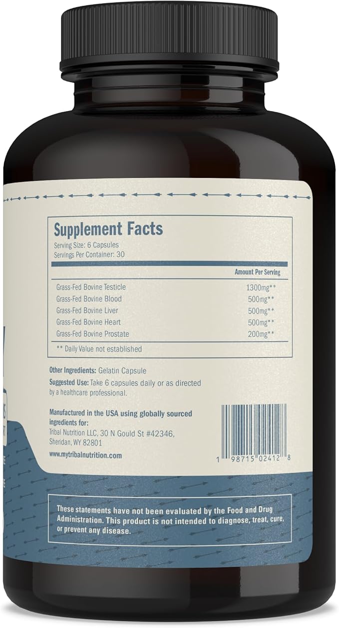 100% Grass Fed Beef Testicle with Prostate Blood Liver &amp Heart - Beef Organ Supplement for Men - 3000mg / 30 Servings