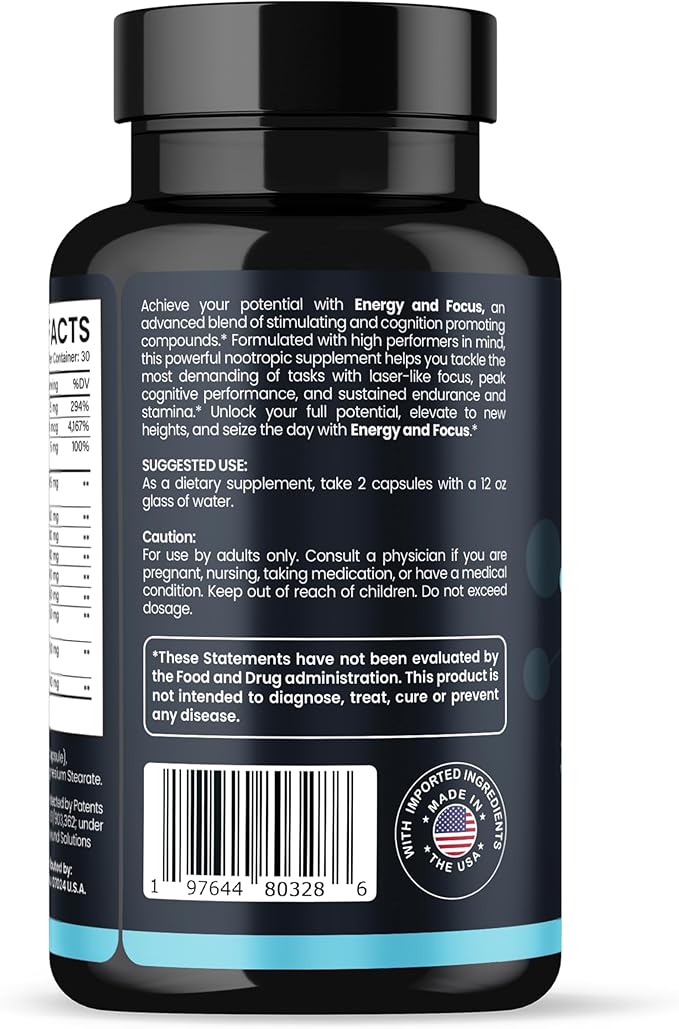 Energy and Focus - Extra Strength 200mg Caffeine and Lions Mane Mushroom Supplement 60 Capsules - with Alpha GPC L-Theanine L-Tyrosine to Support Brain Function and Concentration