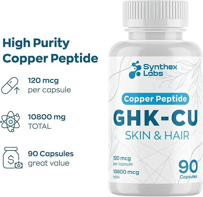 GHK-Cu Copper Peptide Supplement 120 mcg for Skin &amp Hair | Anti-Aging &amp Improves Skin Elasticity | Maximum Absorption | 3 Month Supply