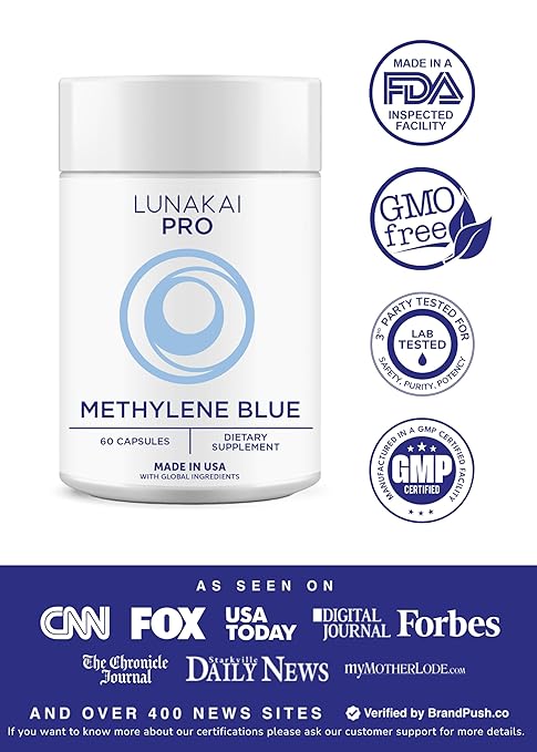 Lunakai PRO USA Made Methylene Blue Capsules Pharmaceutical Grade with Vitamin C B6 B12 – 3rd-Party Tested Daily Brain &amp Focus Support Supplement for Humans 60ct