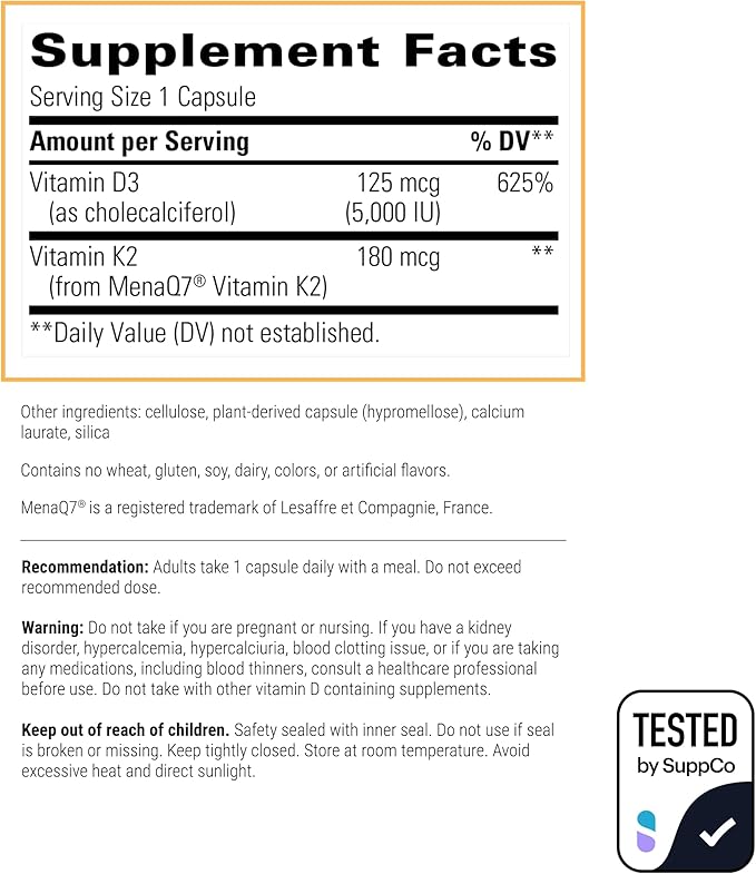 Integrative Therapeutics K2 + D3 - Supplement for Heart Health &amp Bone Strength* - Daily Vitamins for Calcium Absorption - Supports Vitality - Dairy-Free &amp Gluten-Free - 60 Count (60 Servings)