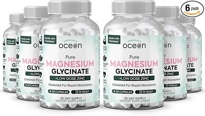 Organics Ocean Pure Magnesium Glycinate with Zinc - Maximum Strength Chelated Magnesium Supplement for Women and Men for Muscle Cramps and Sleep Support - 6 Bottles